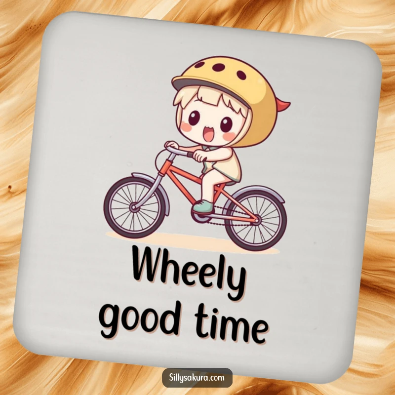 Funny Drink Coaster: A small character energetically rides a bicycle, a humorous addition to any drink setup.