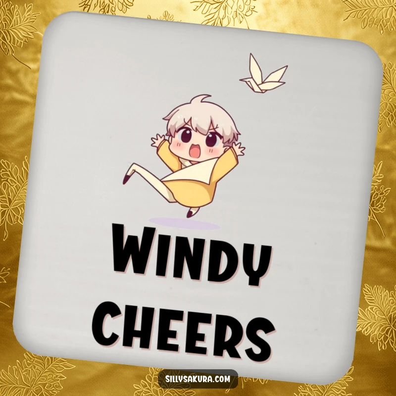 Funny Character Coaster: A surprised character leaps back from a happy wind gust, perfect for protecting surfaces with amusing surprise.