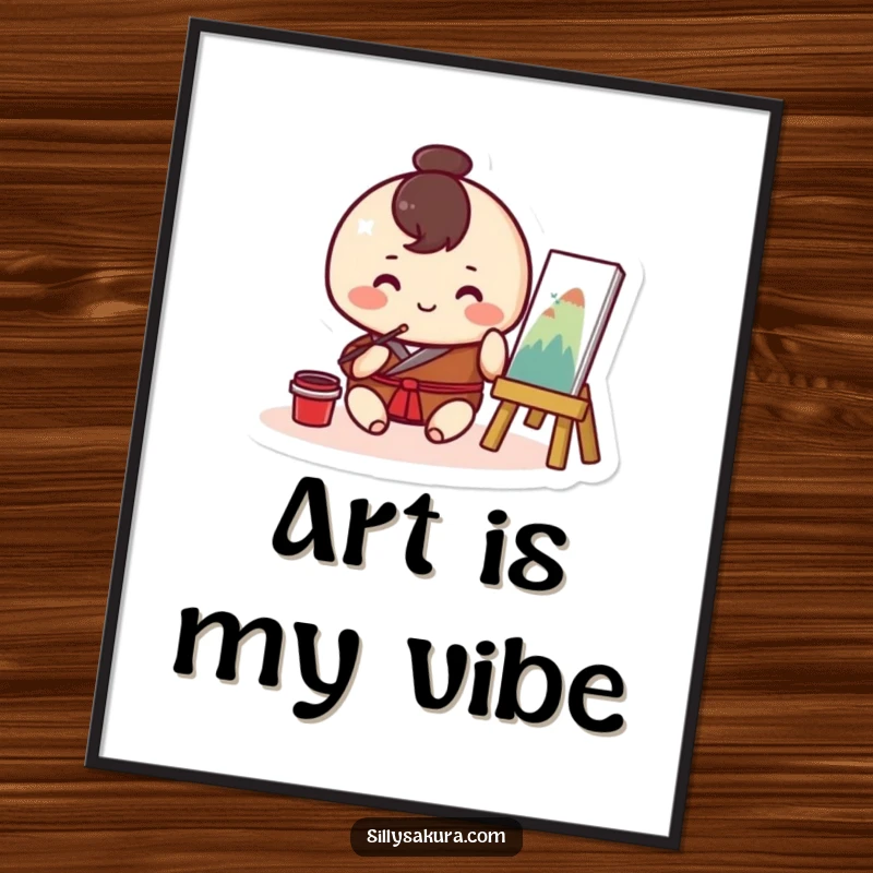 Funny Kawaii poster showcasing a small, round character happily painting traditional artwork, adding a touch of artistic delight.