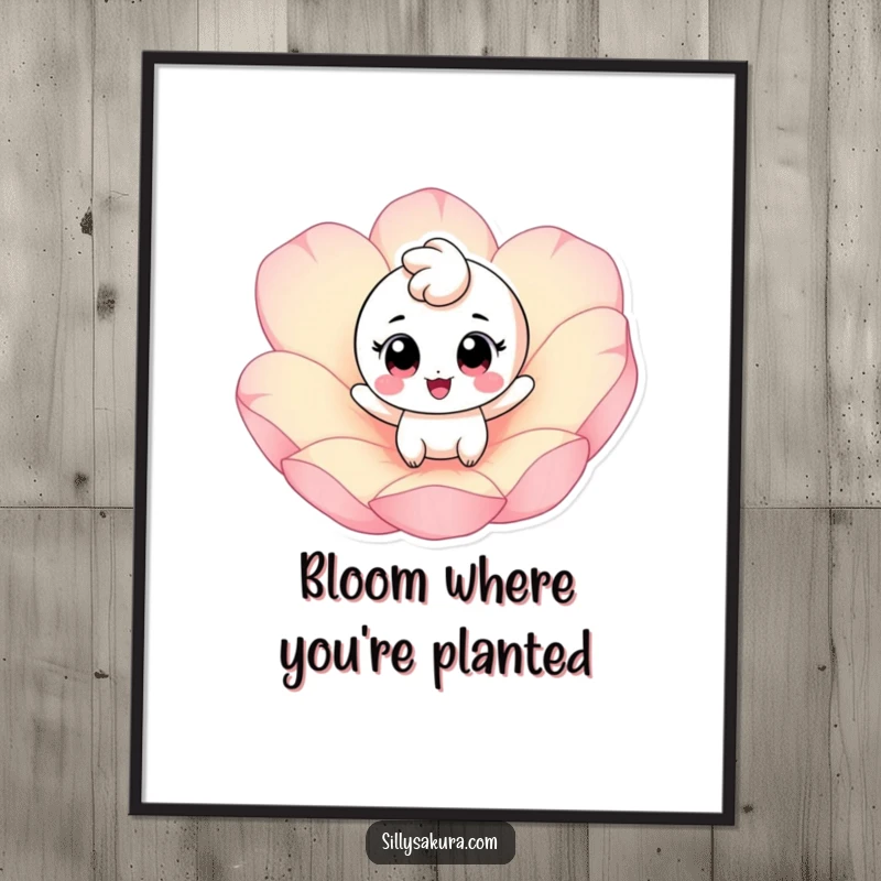 Funny poster featuring a cheerful character with big eyes bouncing on a giant pink petal, bringing vibrant joy to any room.