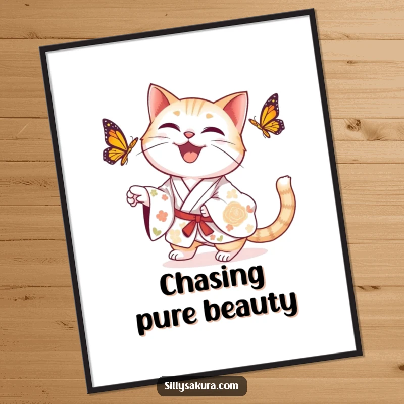 Funny delighted cat in a floral kimono humorously chasing a butterfly in this charming poster.