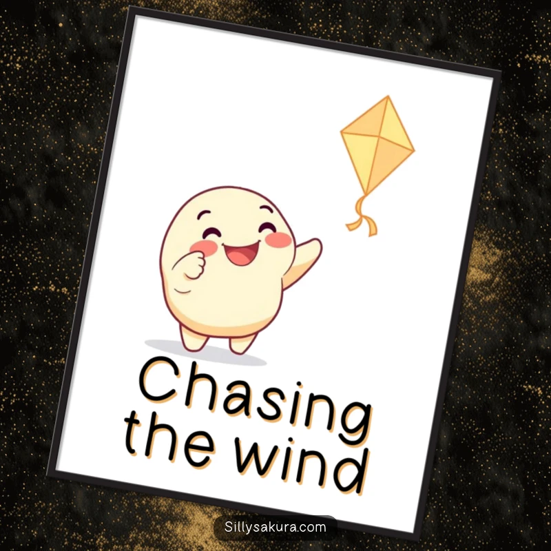 Funny poster art of a grinning character enthusiastically pointing at a dancing paper kite, celebrating joy, imagination, and playful moments.