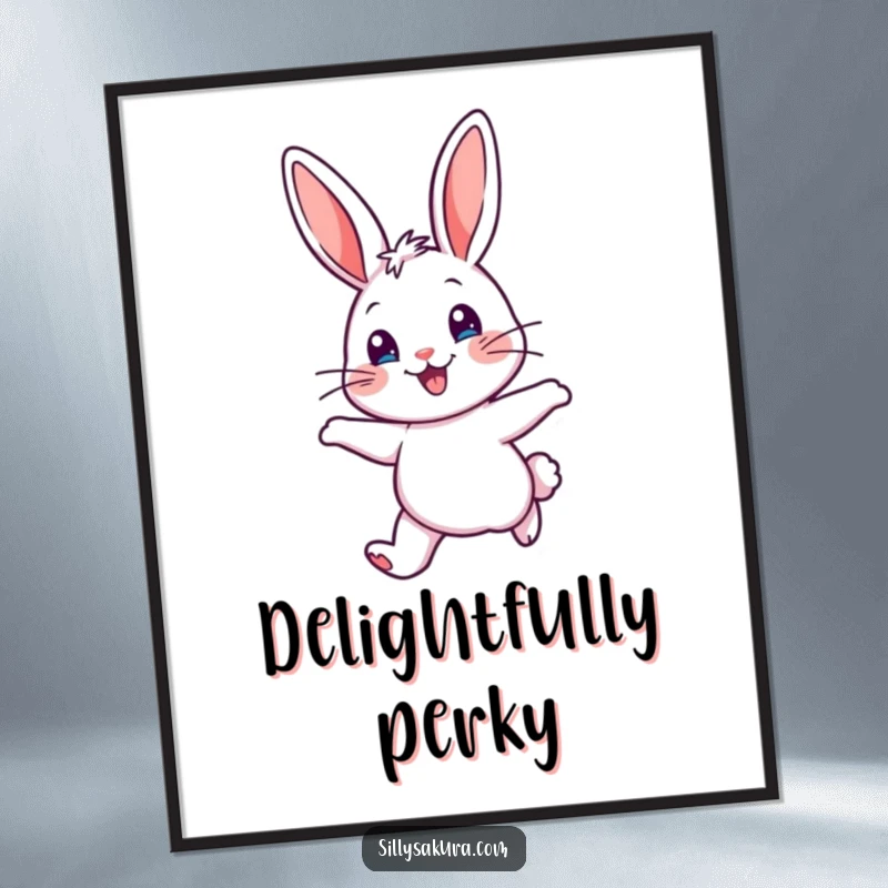 Funny Poster print of a cheerful rabbit character with perked ears, joyfully hopping, embodying happiness and playful movement.