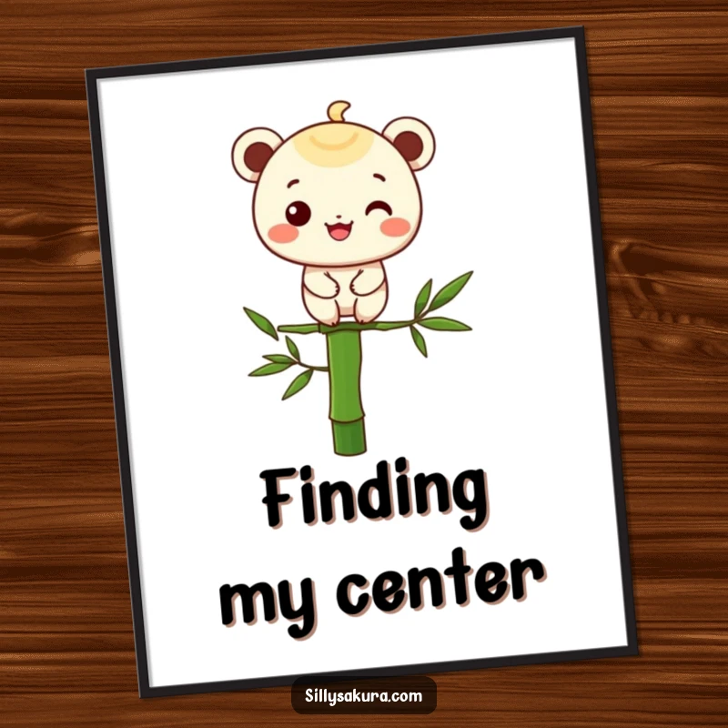 Funny poster art of a character with a radiant grin, expertly balancing on a single bamboo stalk, embodying focus and joy.