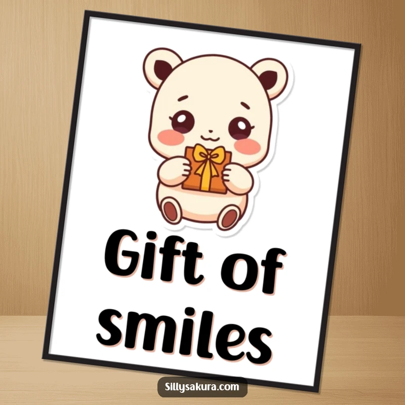 Funny poster art of a small character with shining, beaming eyes, proudly presenting a small, heartfelt handmade gift.