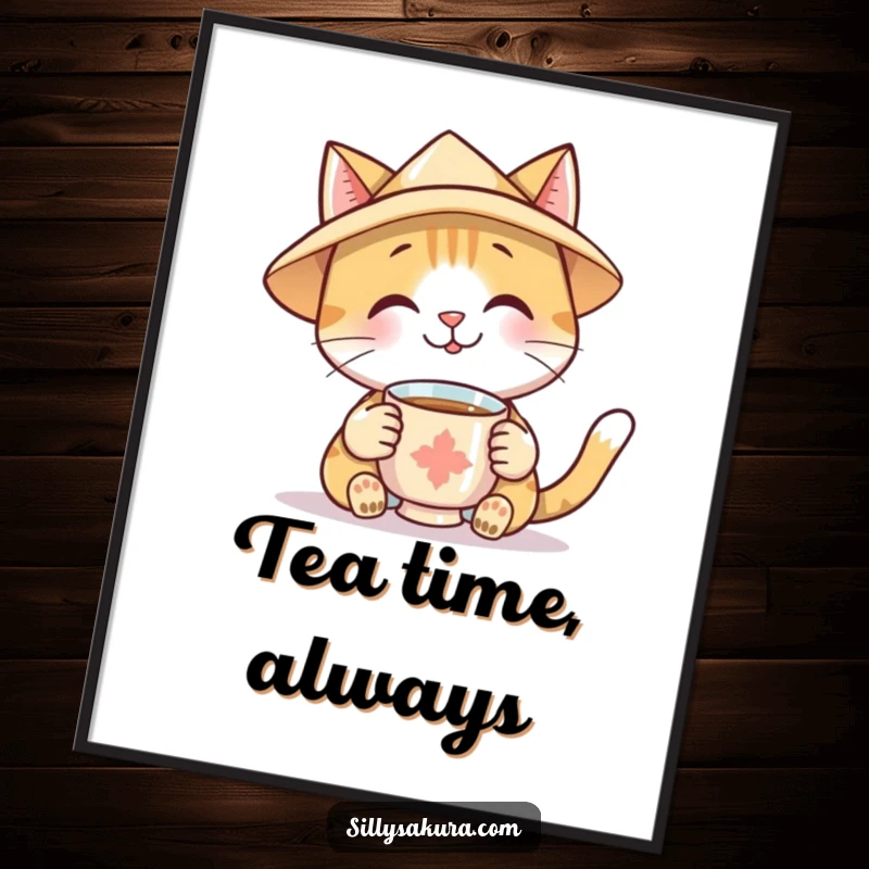 Funny Poster print of a smiling cat wearing a paper hat, holding out a cup of tea, radiating gentle hospitality.