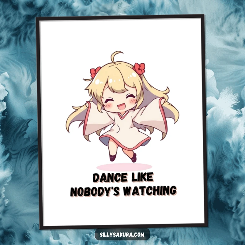 Funny poster artwork of a character dancing with wild abandon, sleeves creating a mesmerizing, flowing pattern, full of joyful abandon.