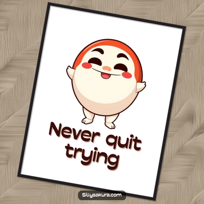 Funny poster featuring a determined Daruma doll character smiling bravely after wobbling, symbolizing perseverance and humor.