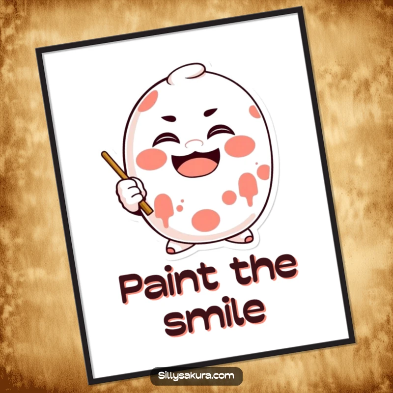 Funny Daruma Poster showing a doll character diligently painting a big, happy smile onto its face.