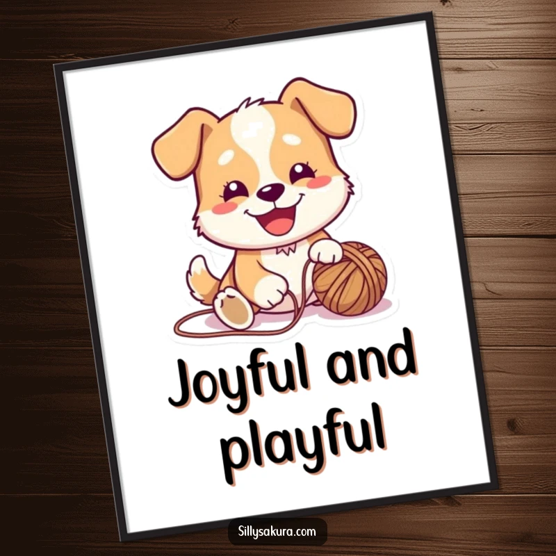 Funny Poster print of a cute dog character with a joyful expression, happily tangled with a ball of yarn, radiating playful energy.