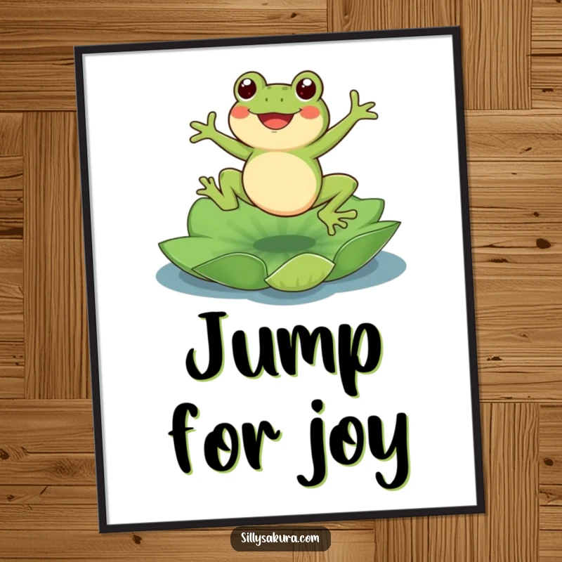 Funny Frog Poster: A cute frog character joyfully leaping onto a lotus pad, bringing serene yet humorous vibes to wall decor.