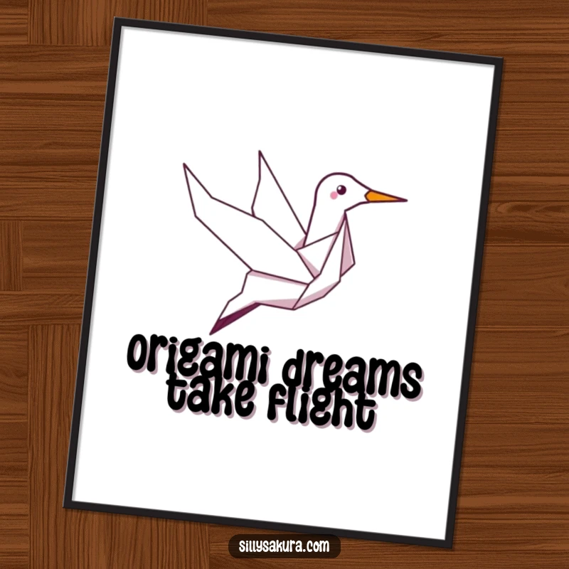 Funny poster print of a giggling origami crane character in graceful flight, adding a touch of airborne humor to wall decor.