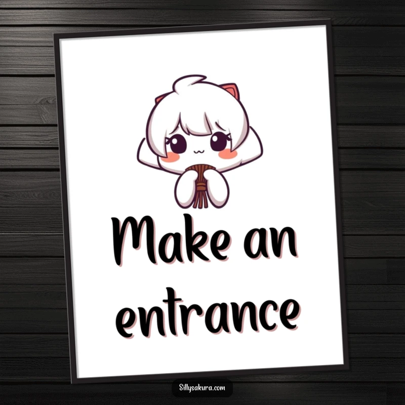 Funny poster featuring a Japanese fan character opening and closing with a dramatic flourish, embodying elegant humor.