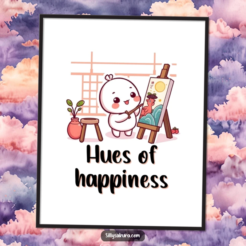 Funny Kawaii Artist Poster of a small, round character focused on painting a traditional artwork, bringing art vibes.