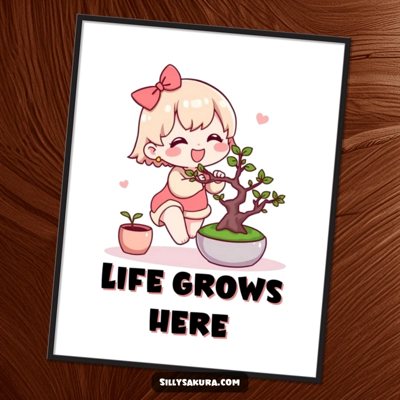 Funny Kawaii Poster. A cute character joyfully tends to a miniature bonsai tree, adding a serene and humorous touch to decor.