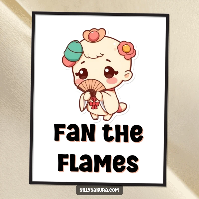 Funny poster featuring a delightful Kawaii character in a traditional fan pose, captured mid-flutter with elegance.