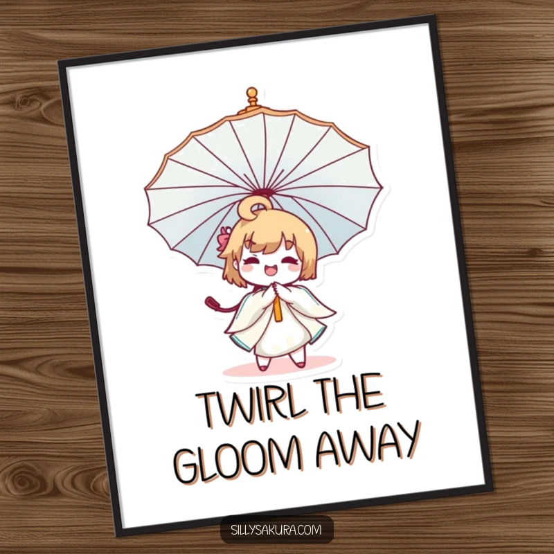 Funny Kawaii Umbrella Poster of a cute character happily twirling a large, decorative umbrella, creating a sense of playfulness.
