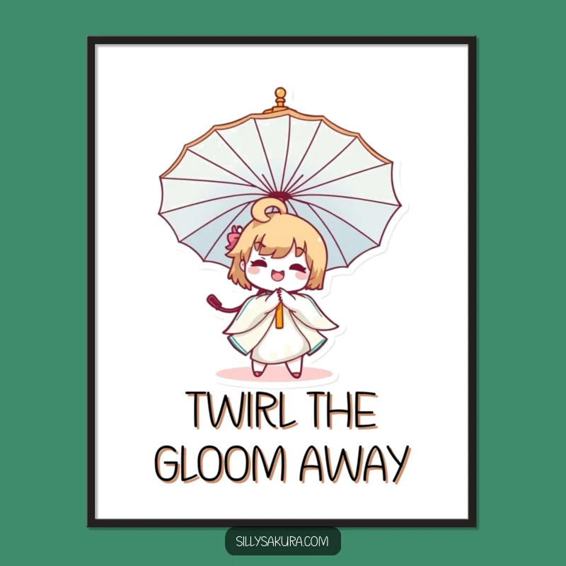 Funny Kawaii Umbrella Twirl Poster - Joyful Character Art for Whimsical Decor