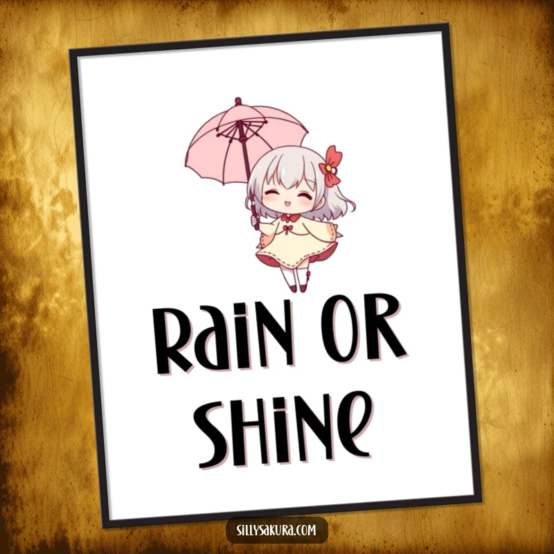 Funny poster featuring a small character elegantly twirling with a parasol, a beaming grin adding personality.
