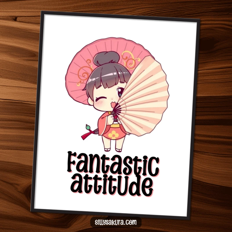 Funny Poster: A character comically attempts to pose with a large decorative fan, capturing a moment of humorous flair.