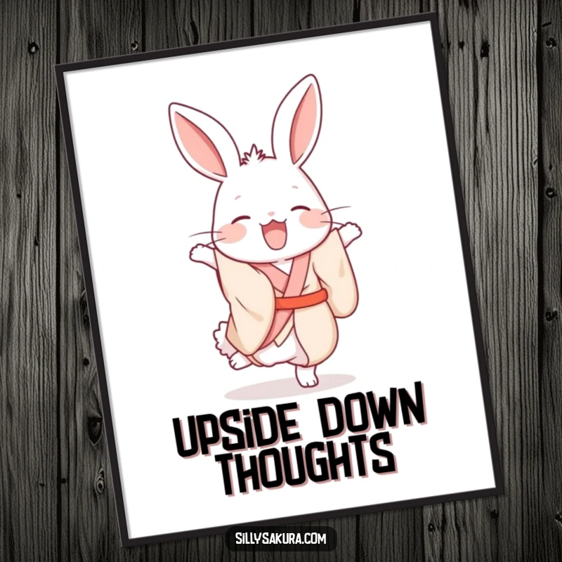 Funny giggling rabbit in a silk kimono humorously attempting a handstand in this amusing poster.