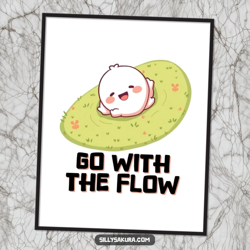 Funny poster featuring a giggling character smiling and rolling down a grassy hill, bringing playful joy to walls.