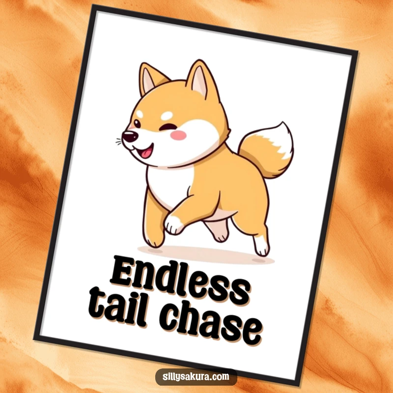 Funny Shiba Inu Poster: A playful Shiba Inu character chasing its wagging tail, bringing energetic fun and humor to wall decor.