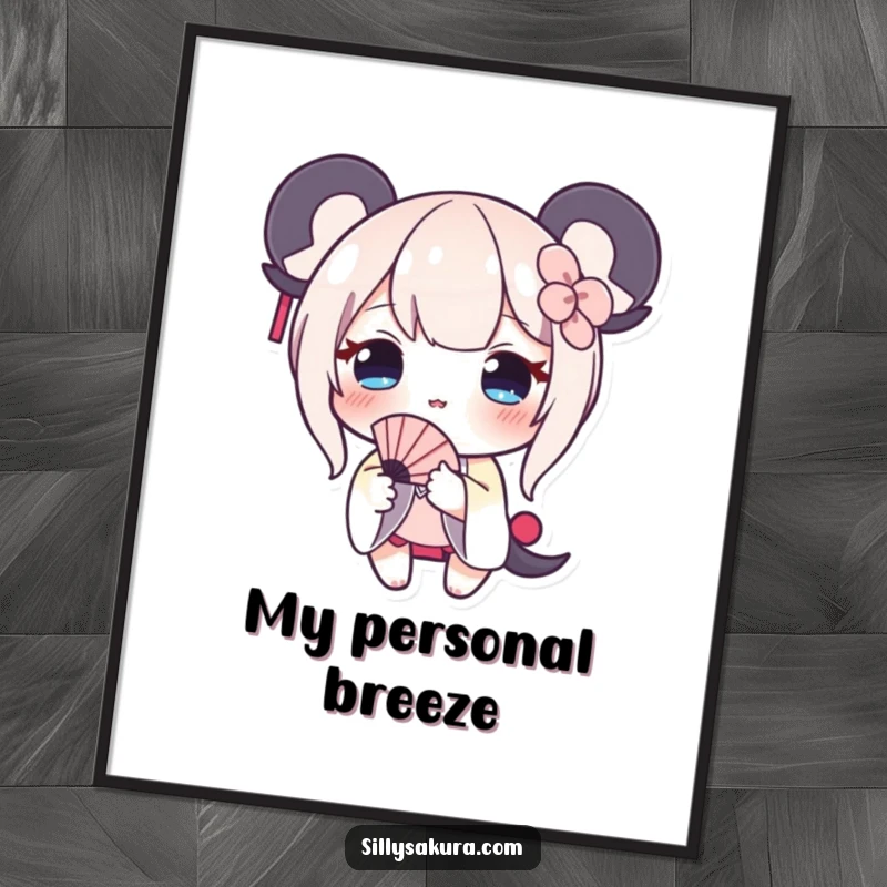 Funny poster art of a shy character blushing and offering a tiny fan, adding sweet humor to decor.