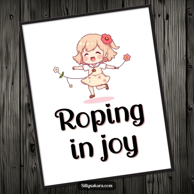 Funny skipping character poster, a cheerful illustration of a character jumping rope with a garland of flowers, perfect for lively wall decor.