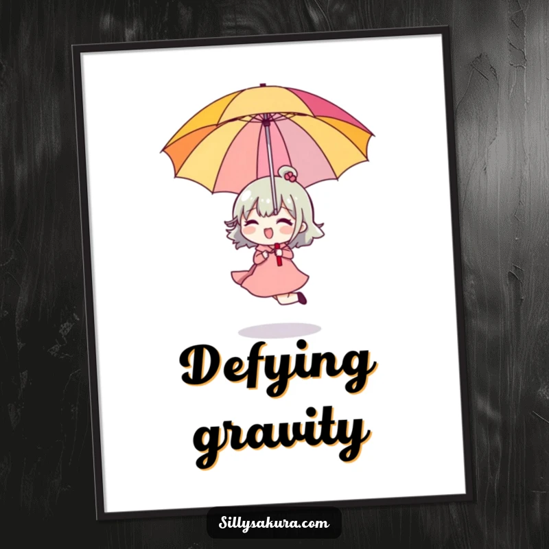 Funny Poster of a character happily skipping while holding a bright umbrella upside down, depicting carefree joy.