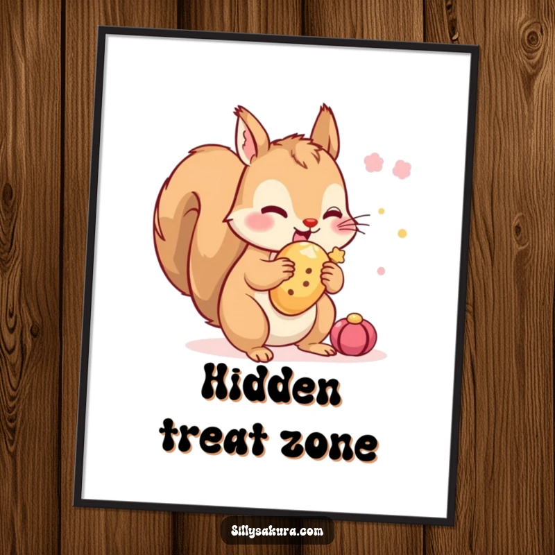 Funny Squirrel Poster: A tiny squirrel character excitedly hiding a festival treat, bringing playful mischief and festive charm to wall decor.