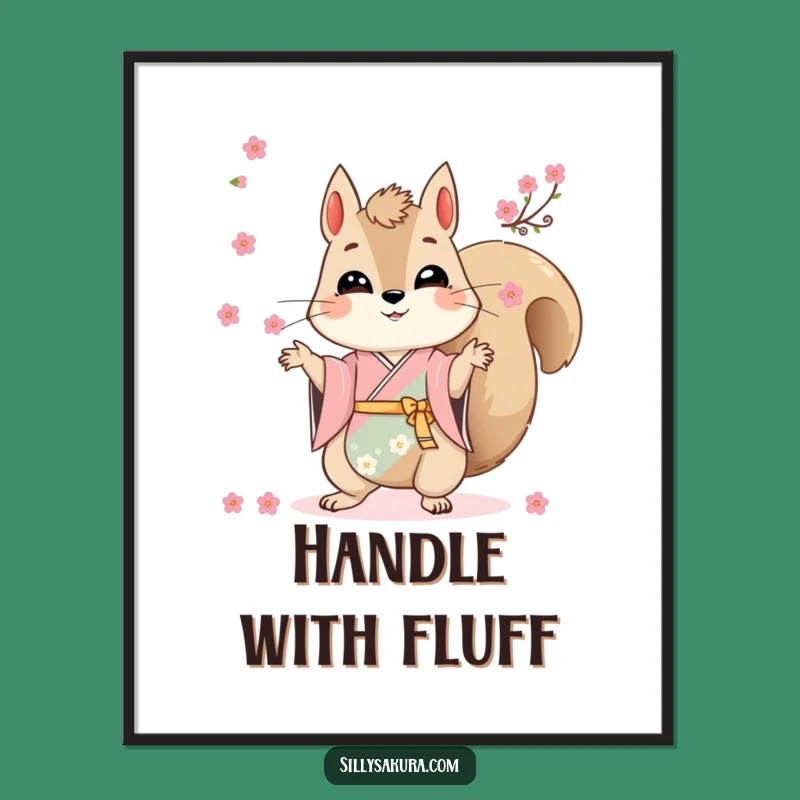 Funny Squirrel Kimono Poster - Juggling Blossoms Wall Art for Joyful Decor