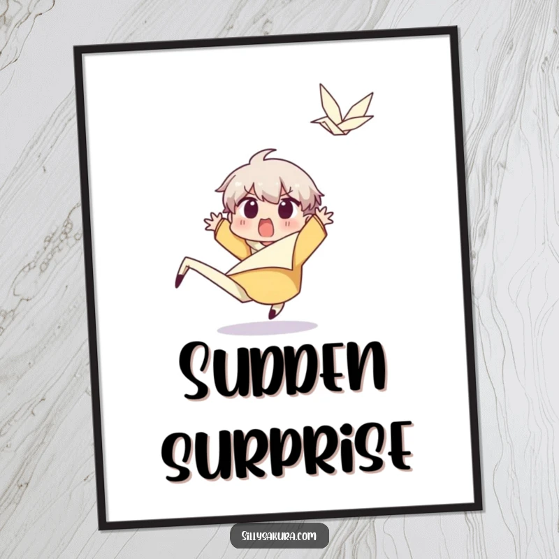 Funny Character Poster: A surprised character leaps back from a happy wind gust, bringing amusing and unexpected humor to any wall.