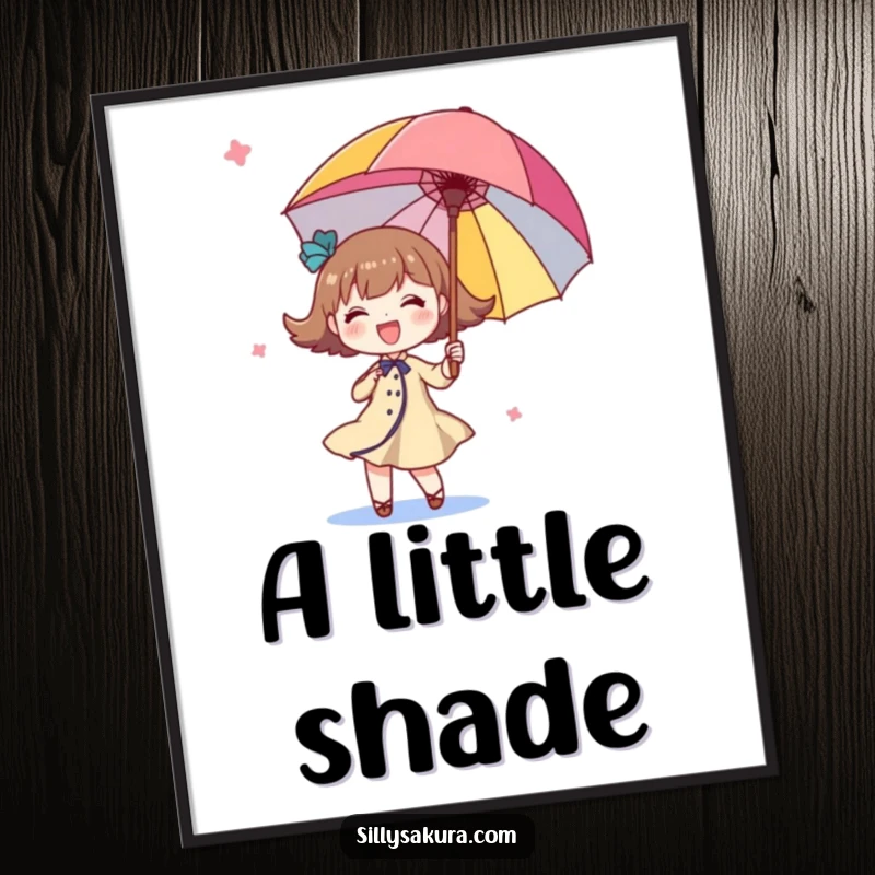 Funny twirling character poster, a cute illustration of a character gleefully twirling a large, brightly colored parasol for vibrant wall decor.