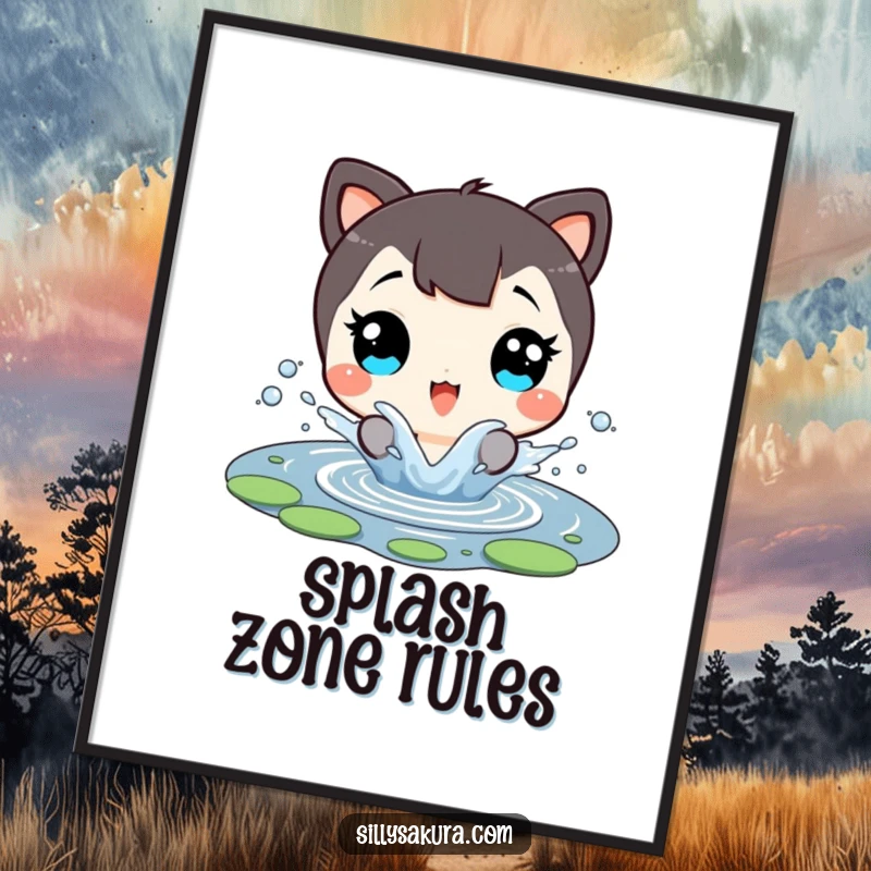 Funny Poster: A character with wide, delighted eyes revels in splashing within a small pond, vibrant wall art.