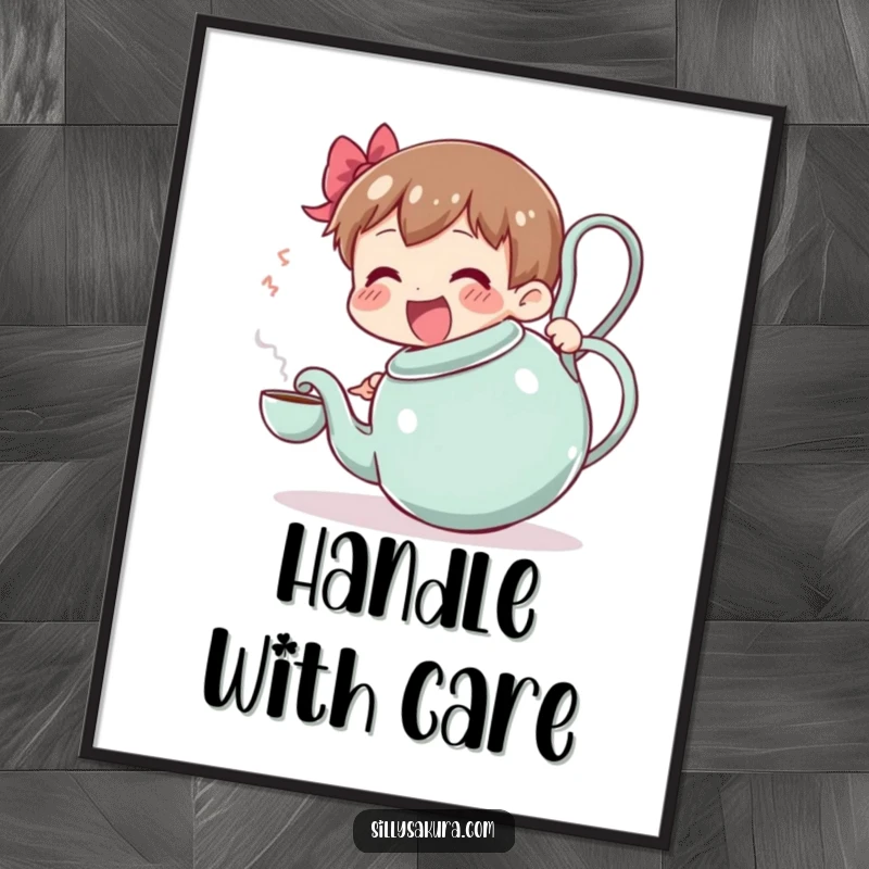 Funny poster: a joyful character attempts to serve tea from a large, wobbling teapot, creating a humorous and charming visual.