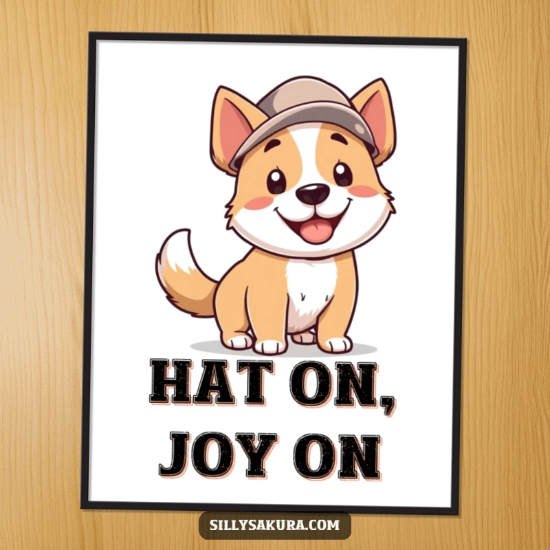 Funny Dog Poster: A smiling dog wearing a hat, its tail a blur of joyful motion, bringing cheer to any wall space.