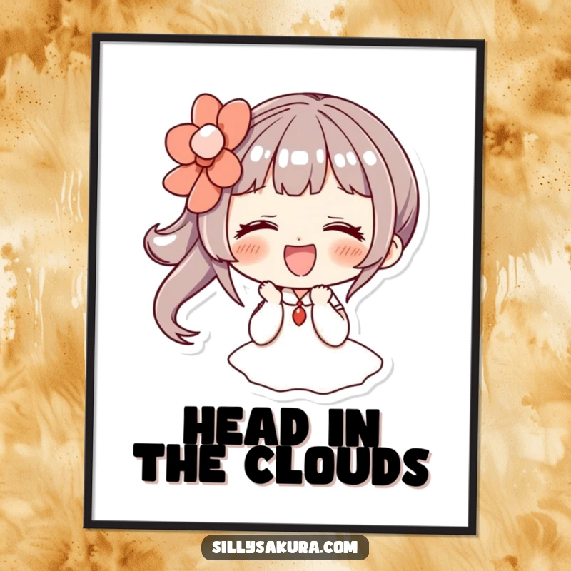 Funny poster: a character giggles heartily while wearing a large, decorative hairpin, creating a joyful and humorous visual.