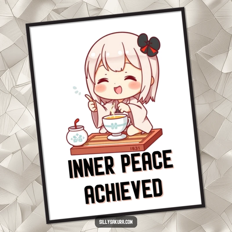 Funny Kawaii Poster. A cute character joyfully performs a tea ceremony gesture, adding a touch of playful elegance to any space.