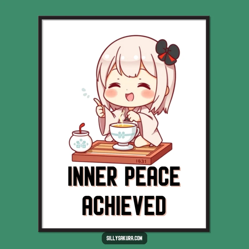 Funny Kawaii Tea Ceremony Poster: Adorable Character's Joyful Gesture for Your Wall Decor