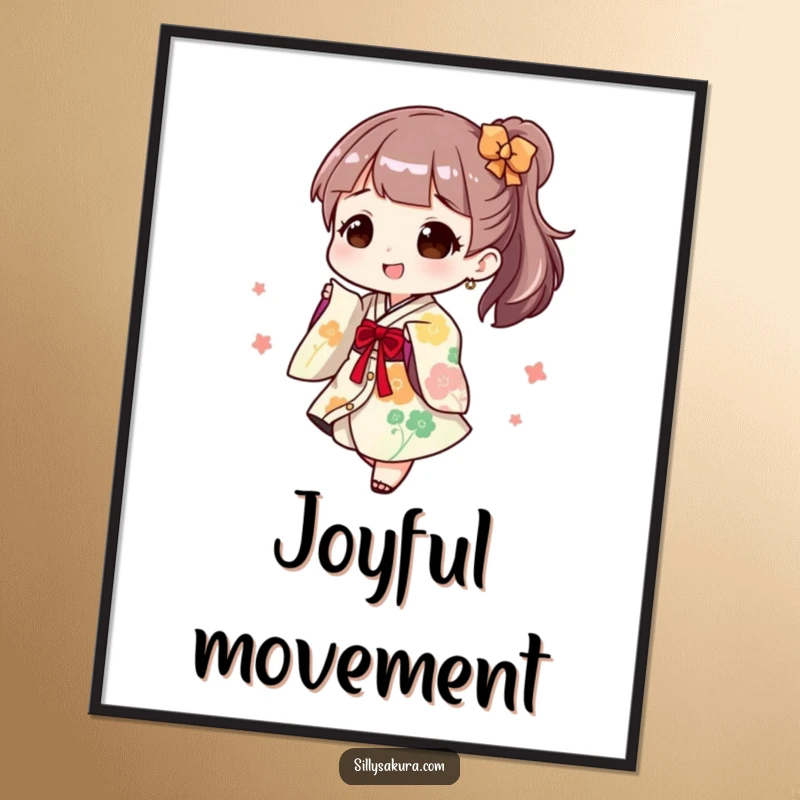 Funny Poster: A character joyfully dressed in a playful kimono is depicted in a dynamic twirl, full of celebratory spirit.