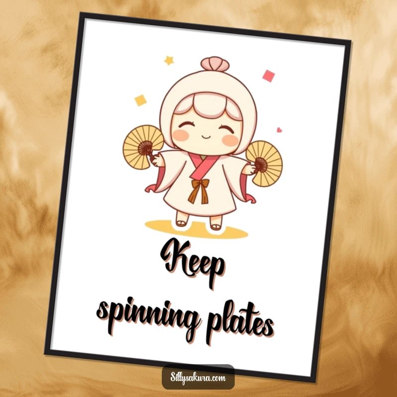 Funny poster featuring a cute Kokeshi doll character skillfully juggling three small fans, adding whimsical humor to decor.