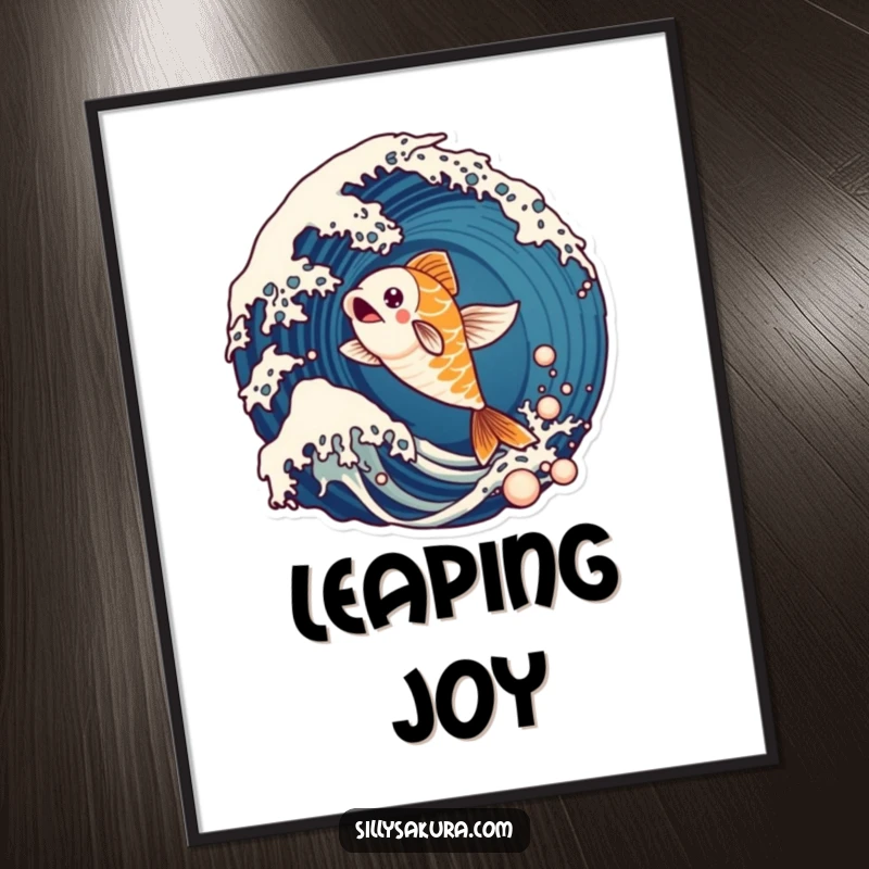 Funny poster featuring a lively koi fish character energetically leaping from a stylized ocean wave, symbolizing motion.