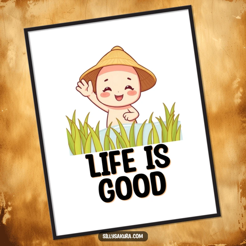 Funny poster: a smiling character in a straw hat enthusiastically waves from a tranquil rice paddy, depicting rural happiness.