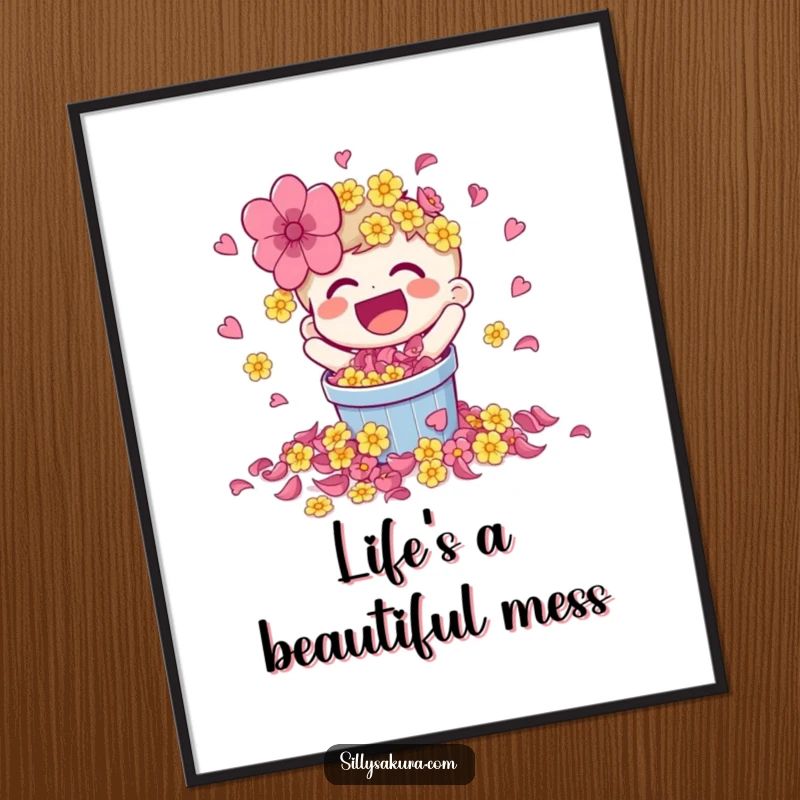 Funny poster featuring a laughing character spilling a bucket of bright flower petals, bringing vibrant joy and color.