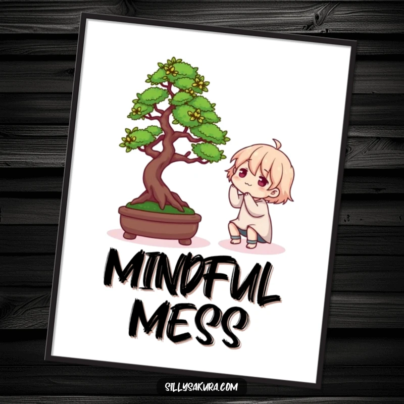 Funny poster illustrating a character's humorous struggle with arranging a miniature Bonsai tree, perfect for home decor.