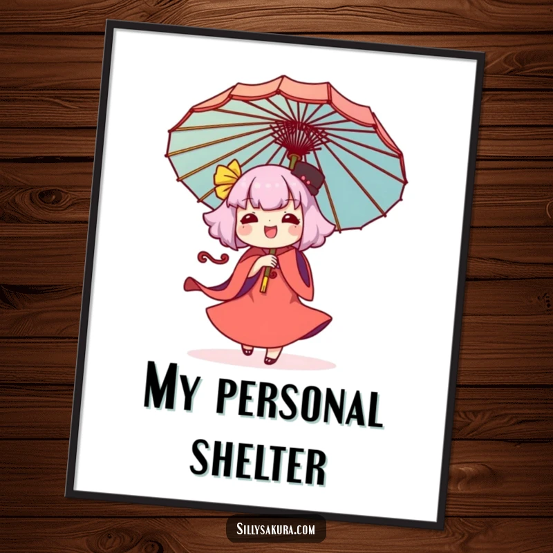 Funny Kawaii poster depicting a character gleefully twirling a large, ornate umbrella, capturing a moment of pure, artistic joy.