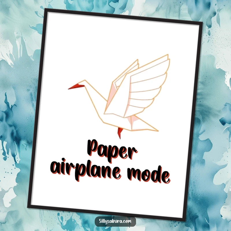 Funny Origami Poster depicting a paper crane character in the graceful act of taking flight.