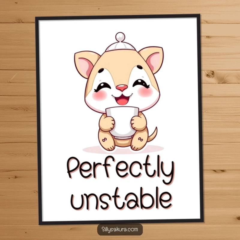 Funny smiling character balancing a teacup perfectly on its nose, presented as an artful poster for sophisticated humor.