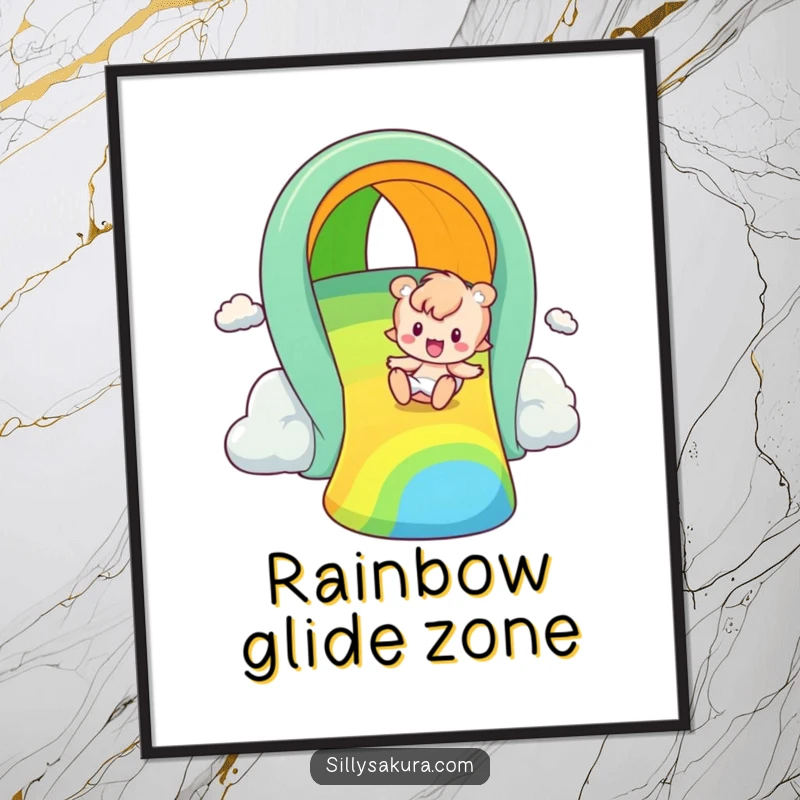 Funny rainbow slider poster, a cheerful illustration of a character sliding down a large, vividly colored rainbow, perfect for lively wall decor.